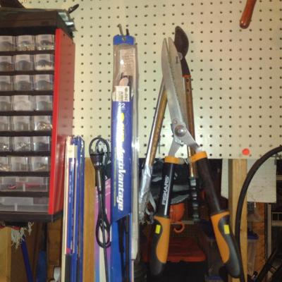 Assorted Tools and Automotive Accessories- Contents on Pegboard