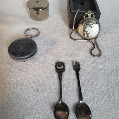 POCKET WATCH, SILVER PLATED BOX AND SPOONS PLUS RETRACTABLE KEYCHAIN