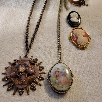 CAMEO BROOCHES AND 2 NECKLACES