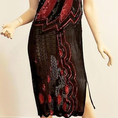 Vtg 70-80s Silk Chiffon hand Beaded and Sequined tube dress