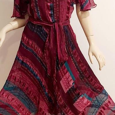 Vtg Silk Farm Boho Chic Flounce dress with Sash