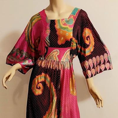 Vtg 60s Tie Dye maxi Hostess dress Angel Sleeves