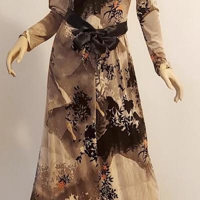 Vtg Toni Todd 60-70s Maxi forest printed dress w/Sash