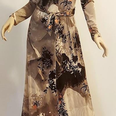 Vtg Toni Todd 60-70s Maxi forest printed dress w/Sash