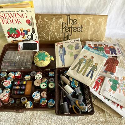 Sewing thread, patterns, scissor, etc