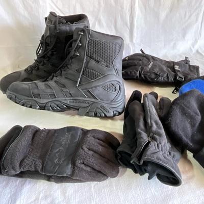 Merrell boots size 12, gloves, hats
