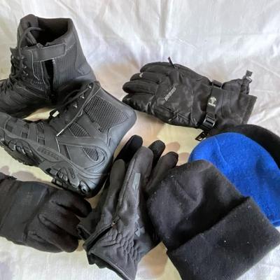 Merrell boots size 12, gloves, hats