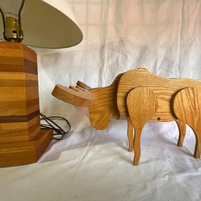 Wooden lamp with wooden moose