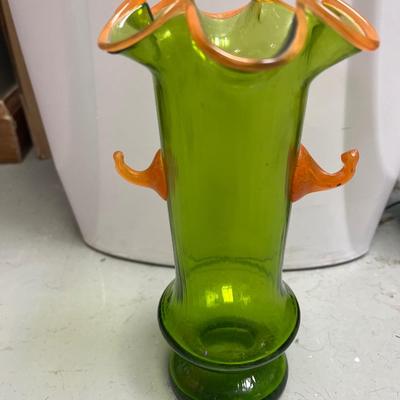 Sale Photo Thumbnail #17: Beautiful green vase with orange art glass blown no chips.