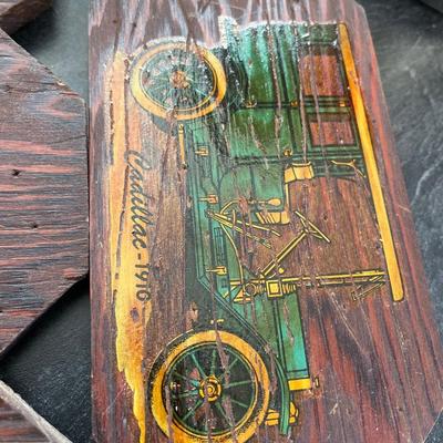 Hand painted wood art, plaques, Cadillac and Ford 1910