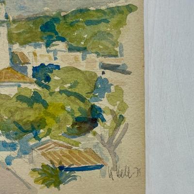 Original Watercolor Painting by M. Well Mission or Church amongst seaside town