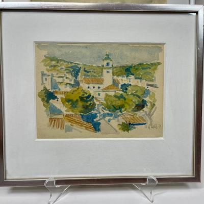 Original Watercolor Painting by M. Well Mission or Church amongst seaside town