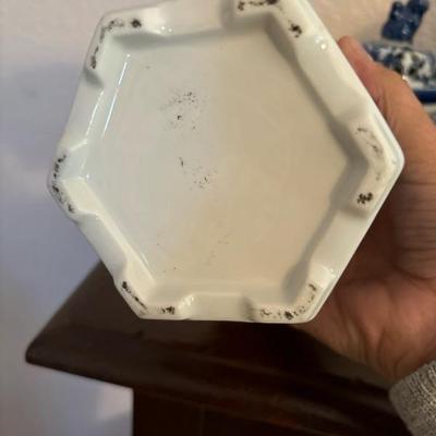 Lot 52 - Blue and White Asian Porcelain Ginger Jar, Cherry Blossom Hexagon Jar, and 9" Vase with Koi