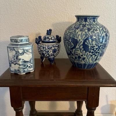 Lot 52 - Blue and White Asian Porcelain Ginger Jar, Cherry Blossom Hexagon Jar, and 9" Vase with Koi