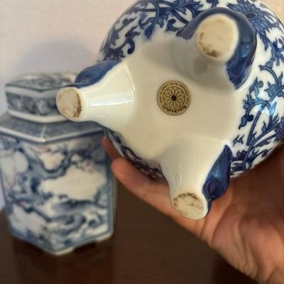 Lot 52 - Blue and White Asian Porcelain Ginger Jar, Cherry Blossom Hexagon Jar, and 9" Vase with Koi