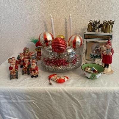 Lot 56 - Christmas Items: Santa Figures, Metal Angels, Snow Globe, Red and Silver Balls, Bowl