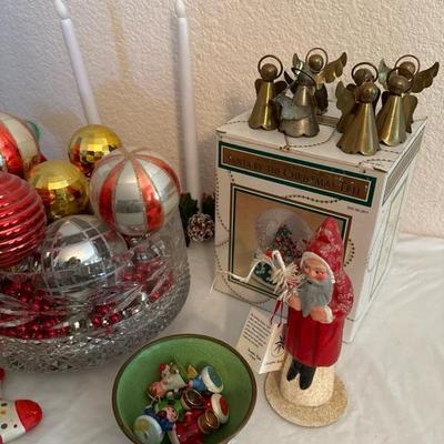 Lot 56 - Christmas Items: Santa Figures, Metal Angels, Snow Globe, Red and Silver Balls, Bowl