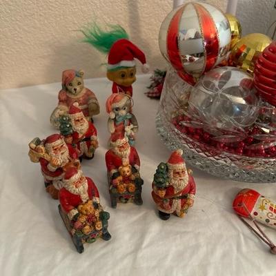 Lot 56 - Christmas Items: Santa Figures, Metal Angels, Snow Globe, Red and Silver Balls, Bowl