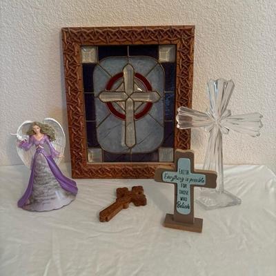 Lot 57 - Crystal, Stained Glass and Wooden Crosses and Thomas Kinkade Angel