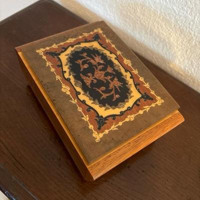 Lot 61 - Marquetry Wood Reuge Music Jewelry Box Plays Edelweiss