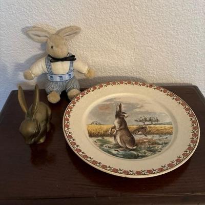 Lot 63 - Rabbit Collectors Plate, Brass Rabbit and Plush
