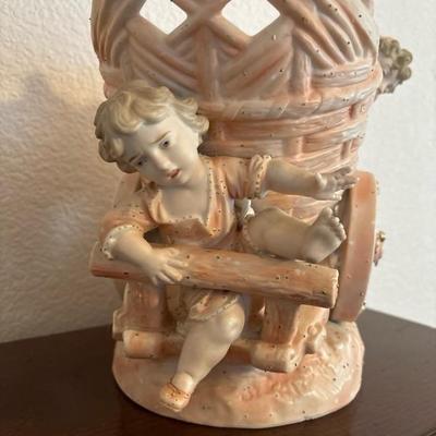 Lot 67 - Unmarked Porcelain Pink Gold Cherub Mother and Child with Cart