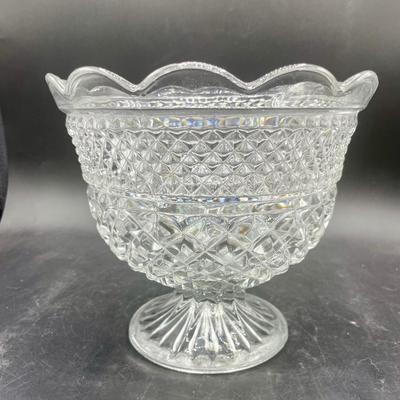 Vintage Clear Pressed Glass Wexford Dessert Pedestal 8” Bowl and Glass Ladle