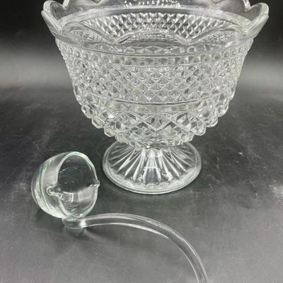 Vintage Clear Pressed Glass Wexford Dessert Pedestal 8” Bowl and Glass Ladle