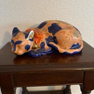 Lot 68 - Vintage Sleeping Cat Kutani Style Moriage Decorated Porcelain