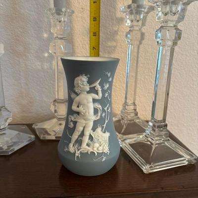 Lot 70 - Blue White Volkstedt Germany Cherub Vase and Unmarked Crystal Candlesticks