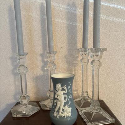 Lot 70 - Blue White Volkstedt Germany Cherub Vase and Unmarked Crystal Candlesticks