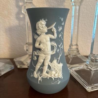 Lot 70 - Blue White Volkstedt Germany Cherub Vase and Unmarked Crystal Candlesticks