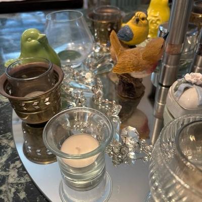 Lot 71 - Round Mirror with Decor for Centerpiece Birds, Candle Holders, Salt and Pepper Shakers