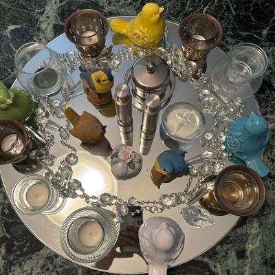 Lot 71 - Round Mirror with Decor for Centerpiece Birds, Candle Holders, Salt and Pepper Shakers