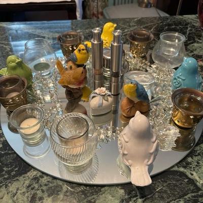 Lot 71 - Round Mirror with Decor for Centerpiece Birds, Candle Holders, Salt and Pepper Shakers