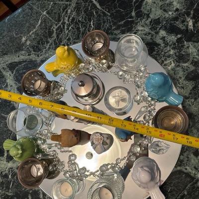 Lot 71 - Round Mirror with Decor for Centerpiece Birds, Candle Holders, Salt and Pepper Shakers