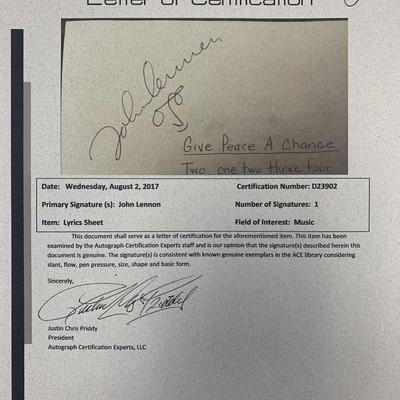 John Lennon Give Peace A Chance signed lyrics.  ACE authenticated