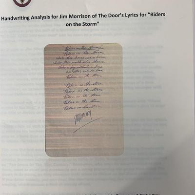 The Doors Jim Morrison Riders On The Storm handwritten and signed lyrics. GFA authenticated