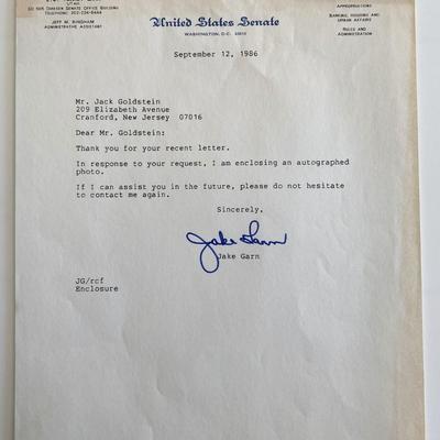 U.S. Senator Jake Garn signed letter