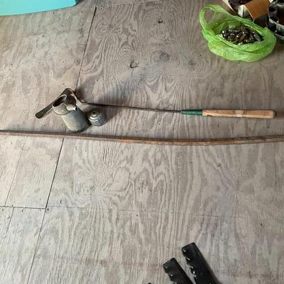 Vintage oil can/cutter, large crowbar