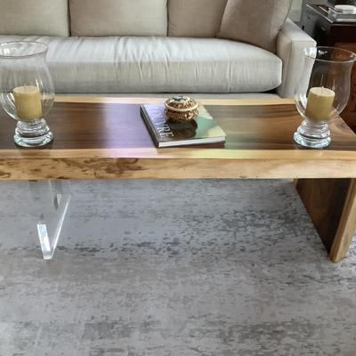 Unique walnut dark heartwood, light sapwood & Lucite table 24"H 27"L 16"W -a conversation piece