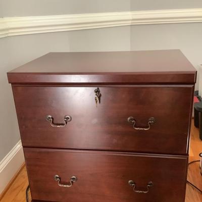 Wooden Sauder lateral filing cabinet, 2 drawer with key 30"H 30"L 20"W