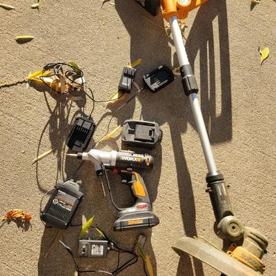 Worx trimmer and driver/impact and 4 batteries, 2 chargers