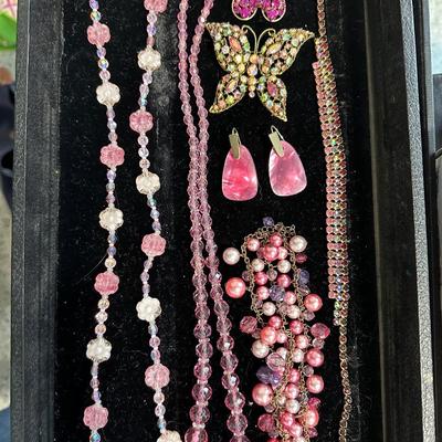 Pink Vintage Costume Jewelry Lot #1- Art Glass, Rhinestone, Butterfly, Crystal