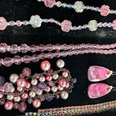 Pink Vintage Costume Jewelry Lot #1- Art Glass, Rhinestone, Butterfly, Crystal