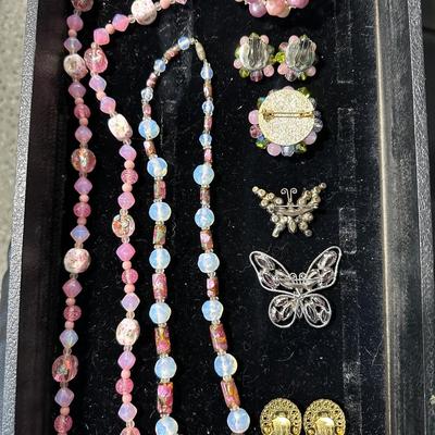Pink Vintage Costume Jewelry Lot #2- Art Glass, Rhinestone, Butterfly, Crystal