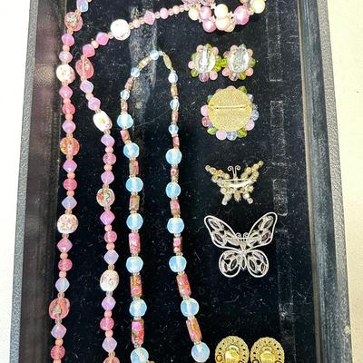 Pink Vintage Costume Jewelry Lot #2- Art Glass, Rhinestone, Butterfly, Crystal