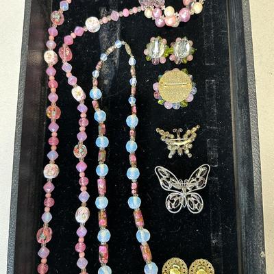 Sale Photo Thumbnail #208: Pink is the color of happiness. This is a tray full of beautiful vintage costume jewelry ranging from 40's art glass foil necklaces, 50's unsigned Regency and Weiss butterfly pins, to 60's mixed crystal & rhinestone pin. Everything in the tray is included