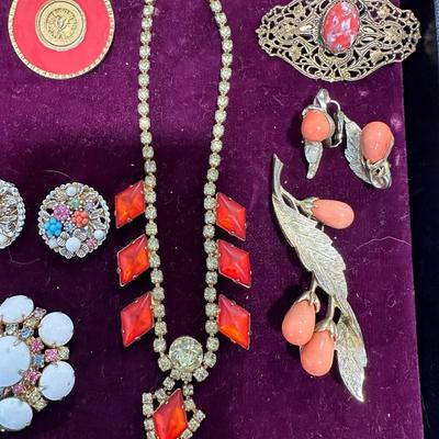 Vintage Costume Jewelry Lot #4- Rhinestone necklace, pins earrings
