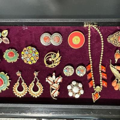 Vintage Costume Jewelry Lot #4- Rhinestone necklace, pins earrings